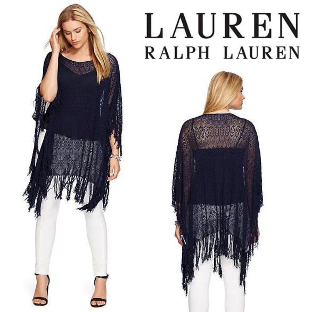 Lauren Ralph Lauren Fringed Pointelle Knit Poncho